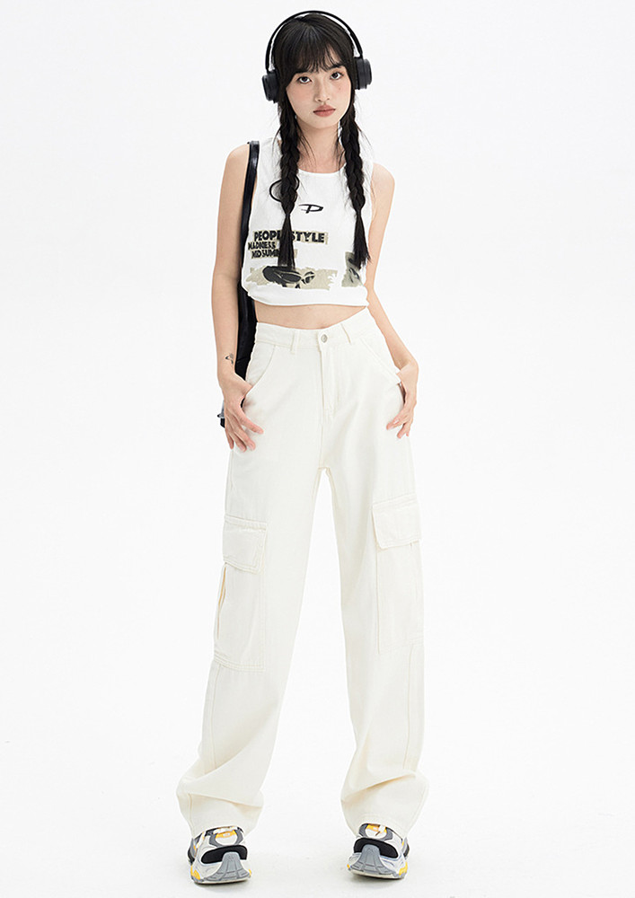 High-waisted Straight White Cargo Jeans