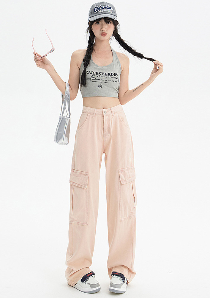 High-waisted Straight Pink Cargo Jeans