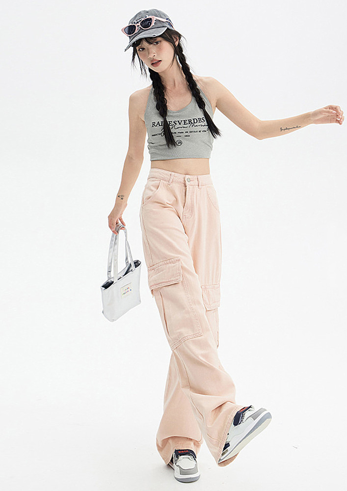 High-waisted Straight Light Pink Cargo Jeans