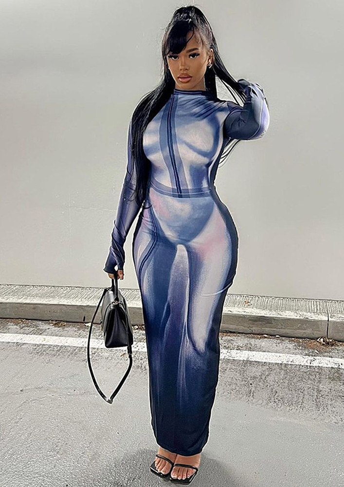 3D PRINT BLUE MAXI BODYCON DRESS