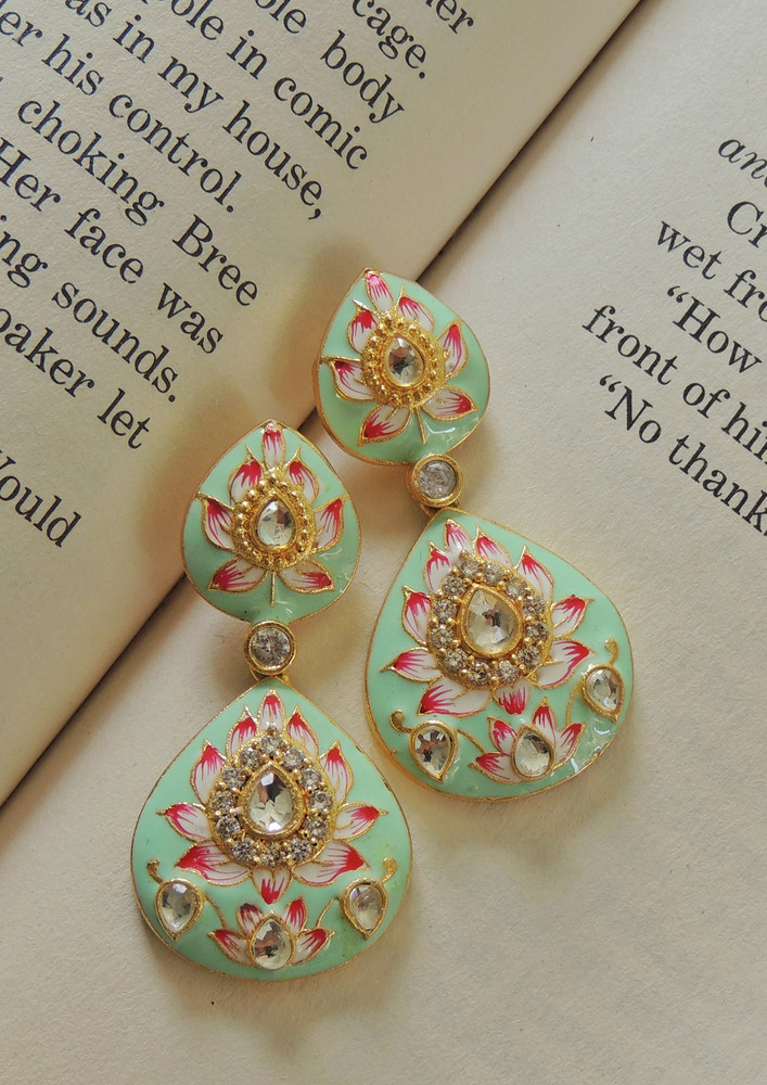 Double Paan Mint Lotus Meenakari Earrings