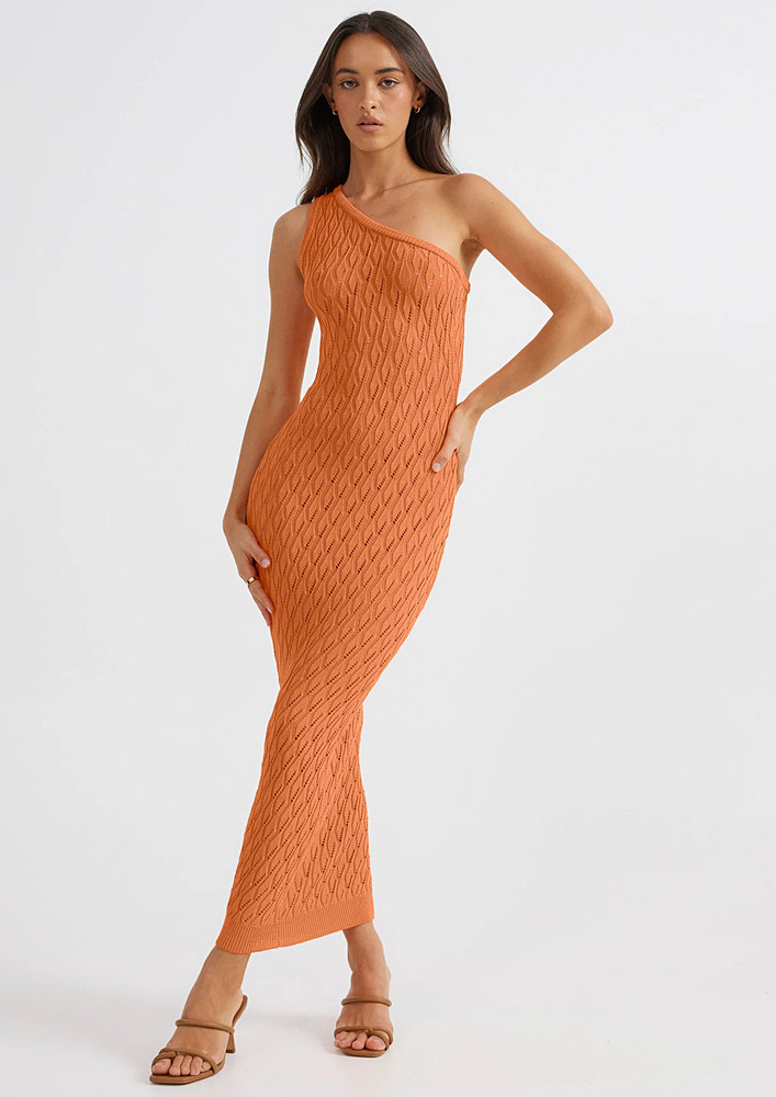 One-shoulder Orange-red Pointelle-knit Dress