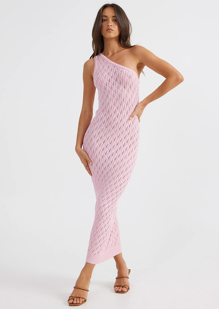 One-shoulder Pink Pointelle-knit Dress