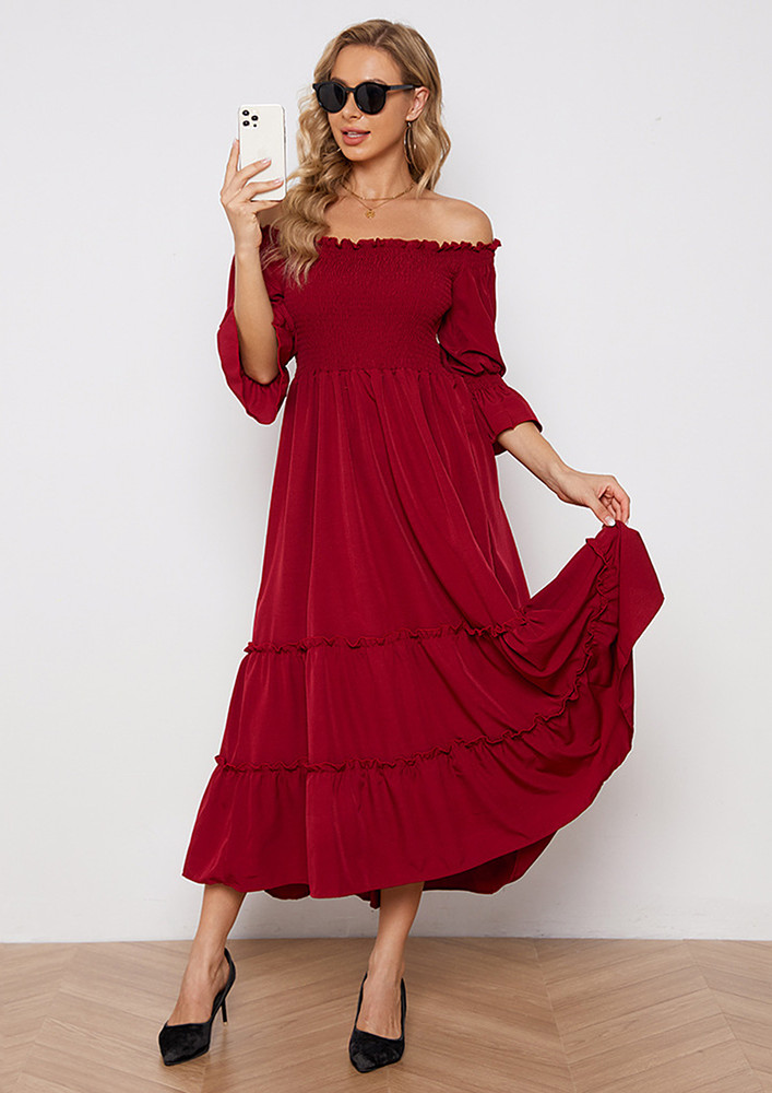 TIERED A-LINE RED MIDI OFF-SHOULDER DRESS