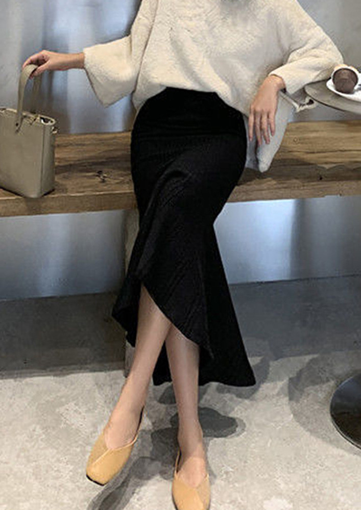 Black Rib-knit Mid-length Mermaid Skirt