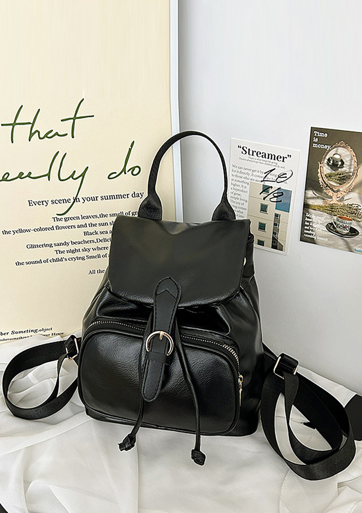 SMALL PU LEATHER BLACK FLAP TOP BACKPACK