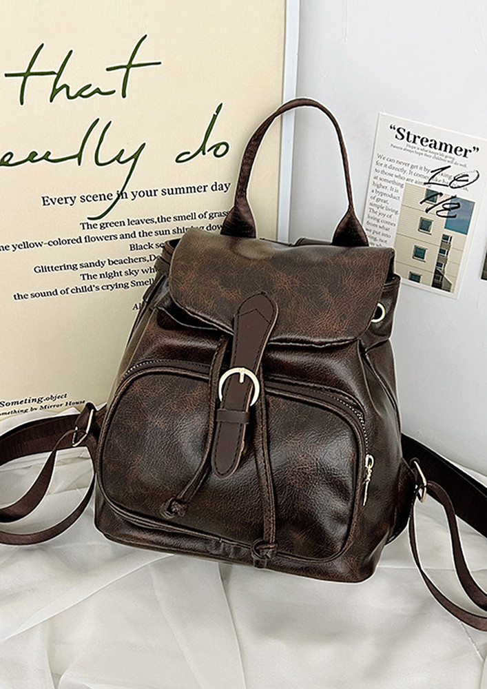 SMALL PU LEATHER BROWN FLAP TOP BACKPACK