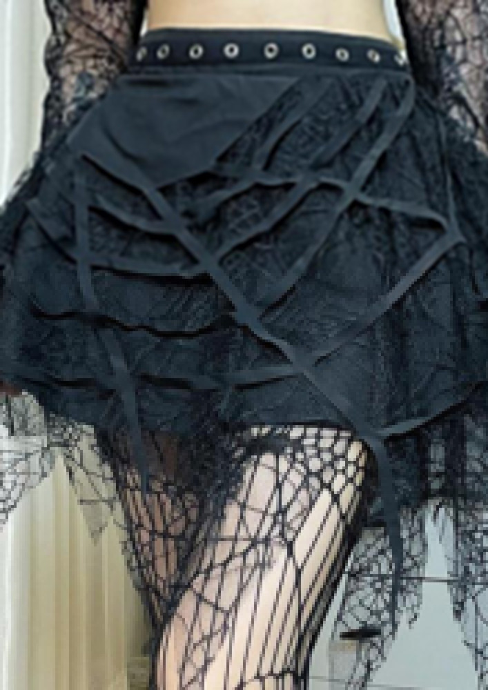 A-line Irregular Lace Detail Black Mini Skirt