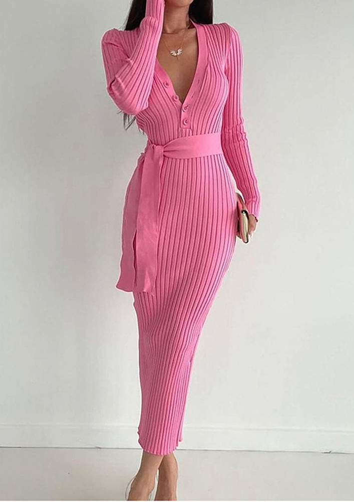 RIB-KNIT BUTTONED PINK BODYCON DRESS