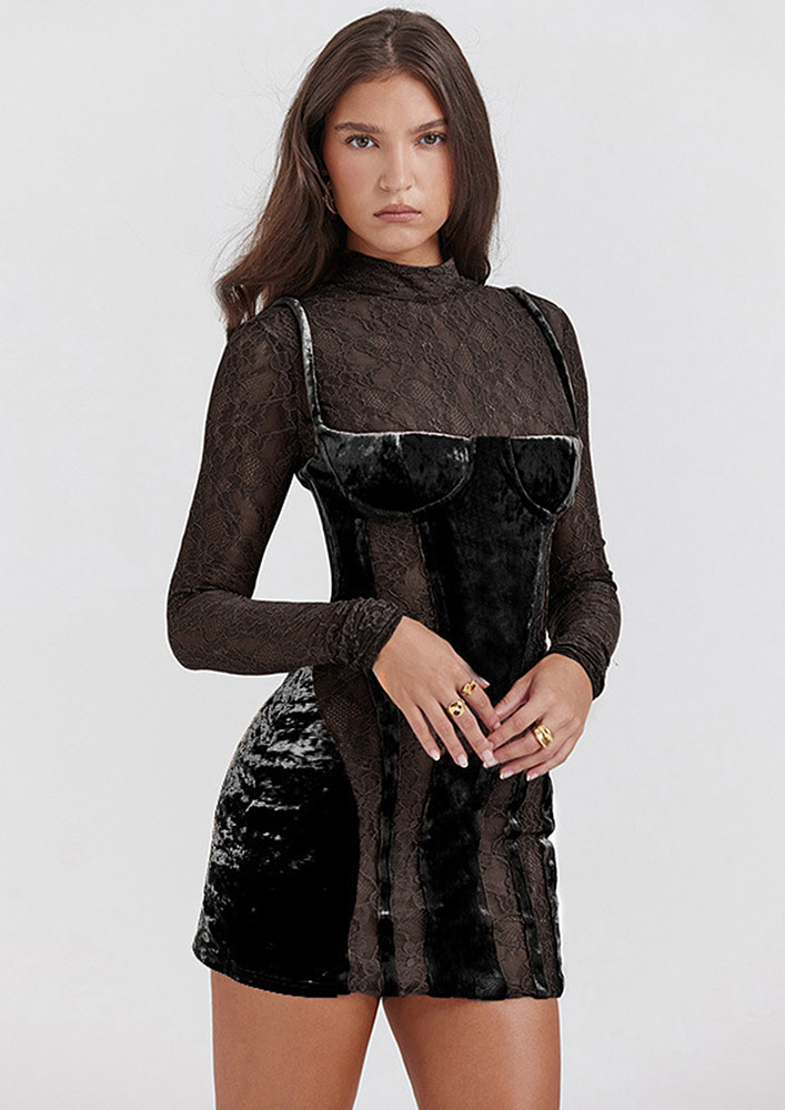 Sheer Lace Splicing Bodycon Black Dress