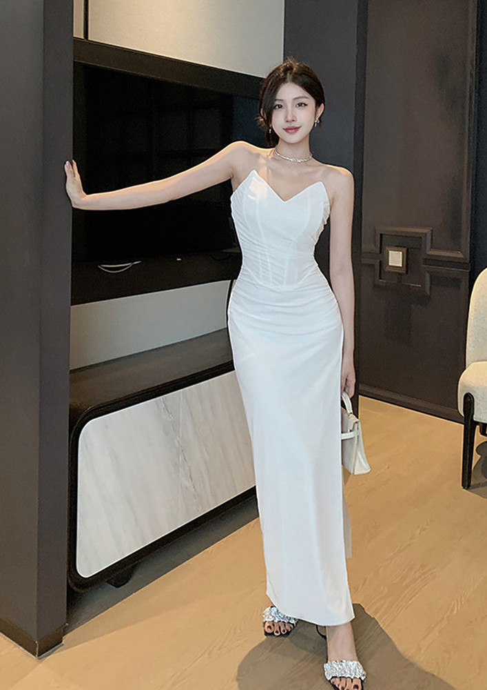 White Solid Strapless Thigh Slit Maxi Dress