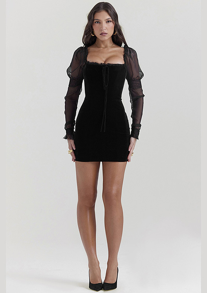 Black Tie-string Detail Velour Bodycon Dress