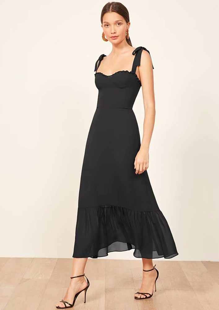 Black Tie-up Shoulder Midi Dress