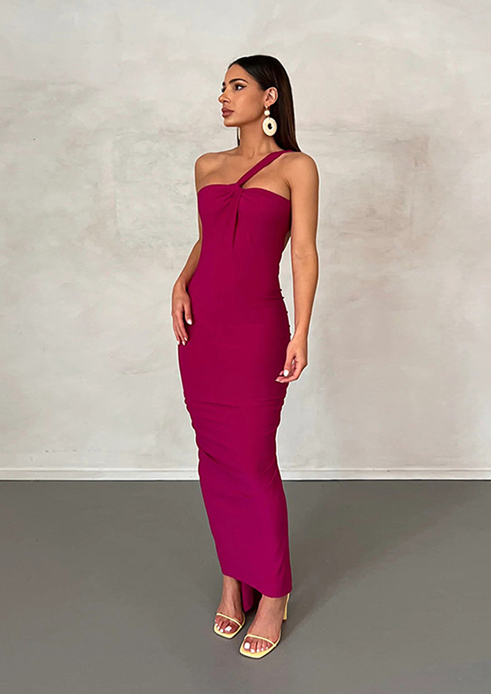 SOLID MID-RUCHED BACKLESS ROSE RED BODYCON DRESS