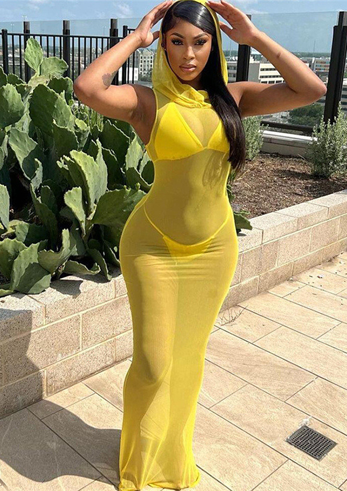 Buy YELLOW TRANSPARENT HOODED MAXI DRESS for Women Online in India
