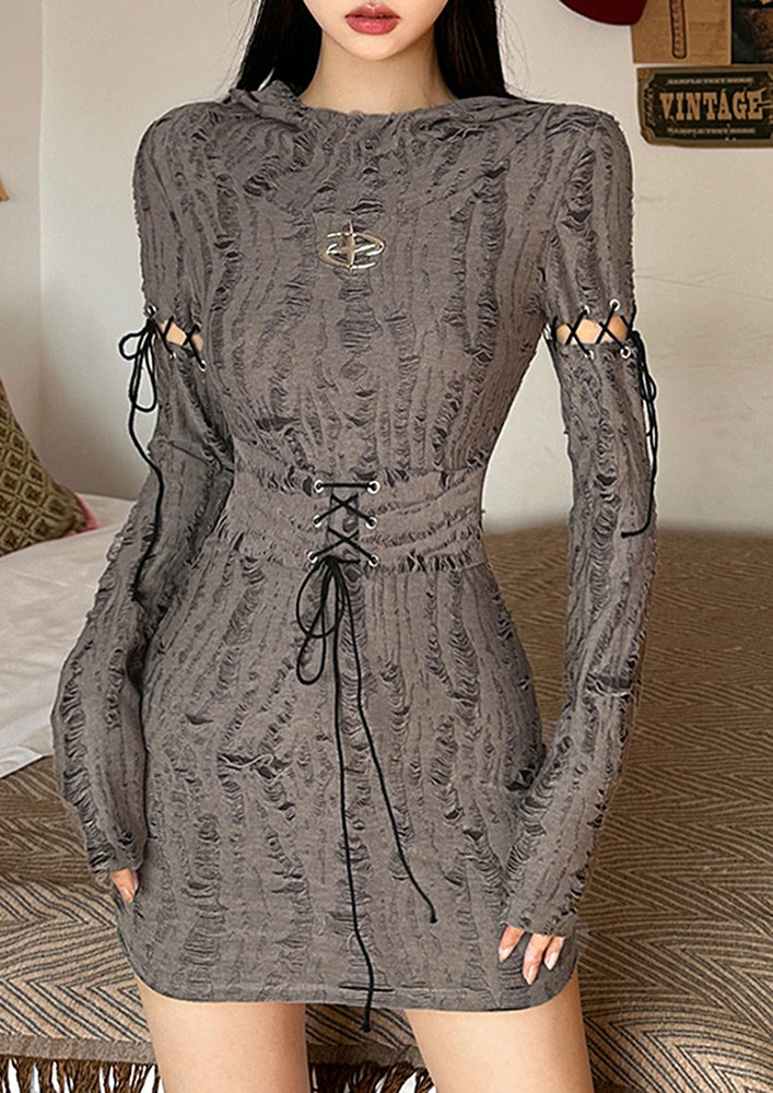 LACE-UP STRAP GREY HOODED BODYCON DRESS