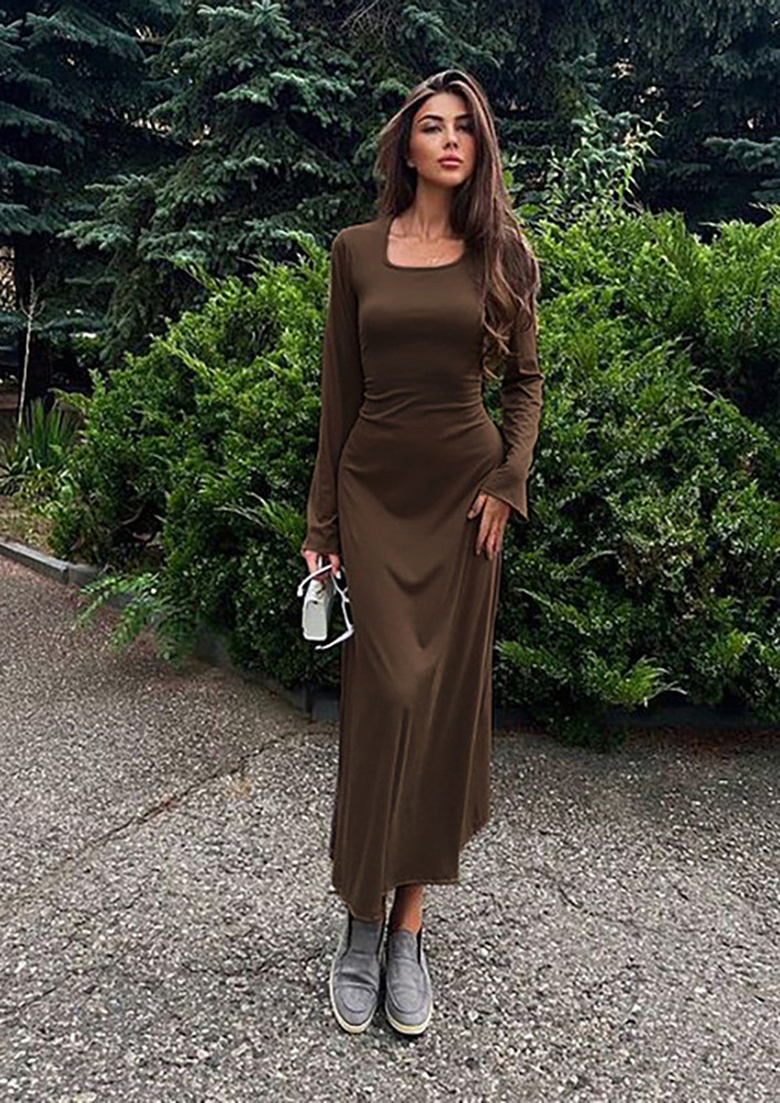 BROWN FLARE SLEEVED A-LINE MAXI DRESS