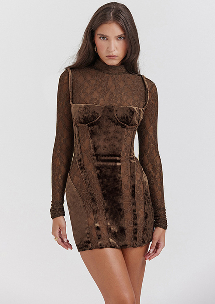 SHEER-LACE SLEEVED VELOUR BODYCON DRESS