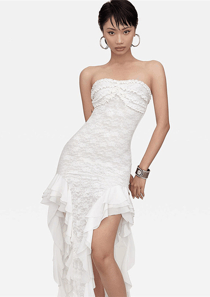 White Ruffle Irregular Hem Lace Bandeau Dress