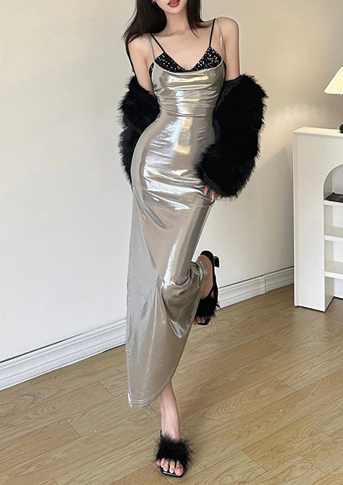Silver Long Dress & Sequin Crop Top Set