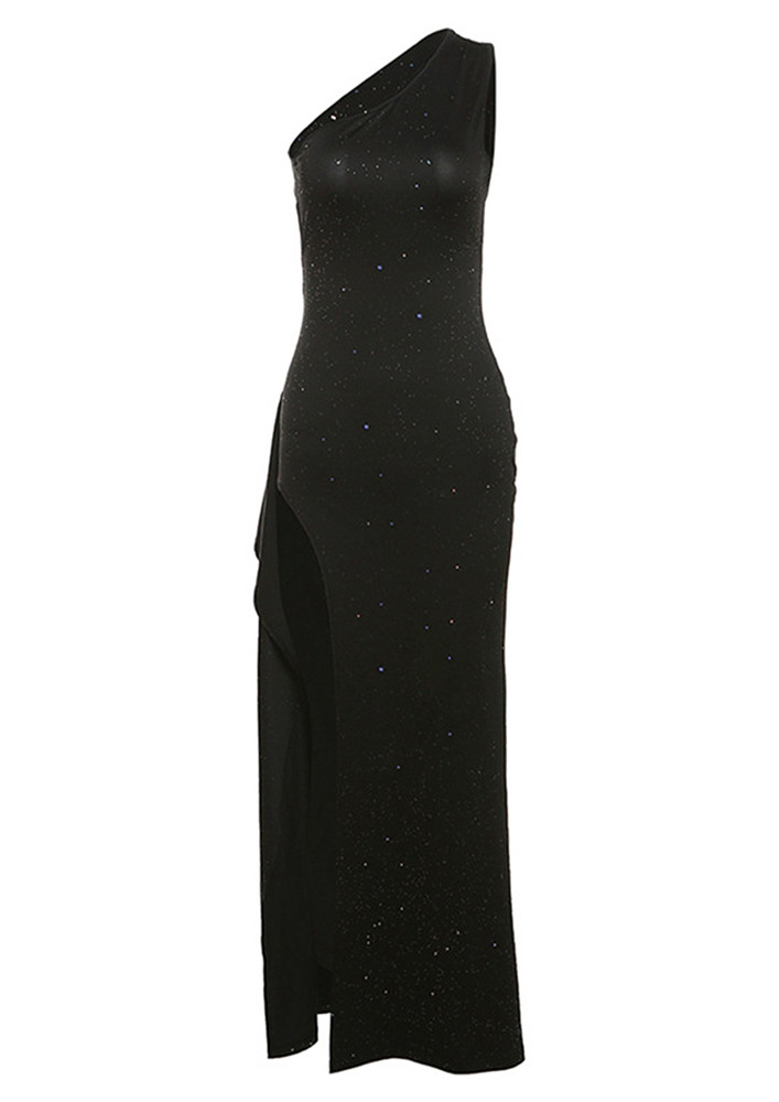Thigh Slit Black Sequin Asymmetrical Dress