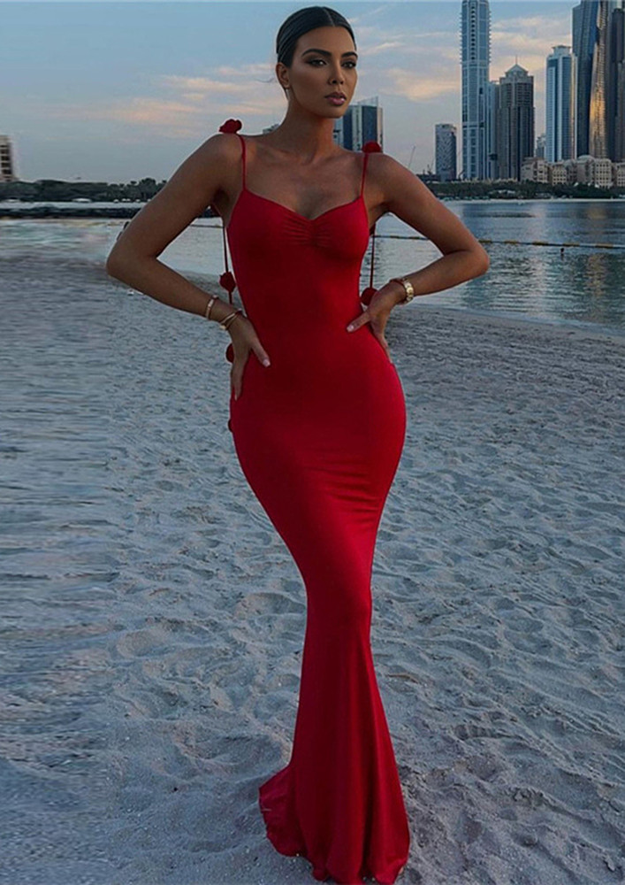 Floral Strap Backless Red Maxi Dress