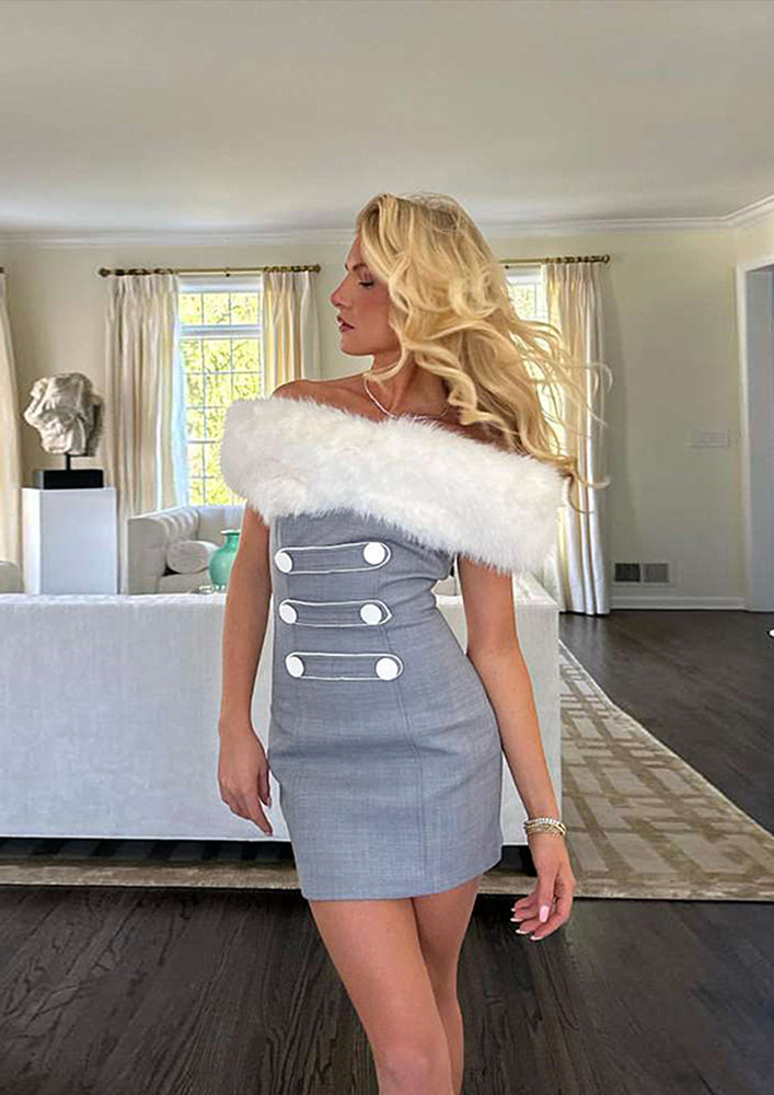 Grey Off-shoulder Faux Fur Detail Dress