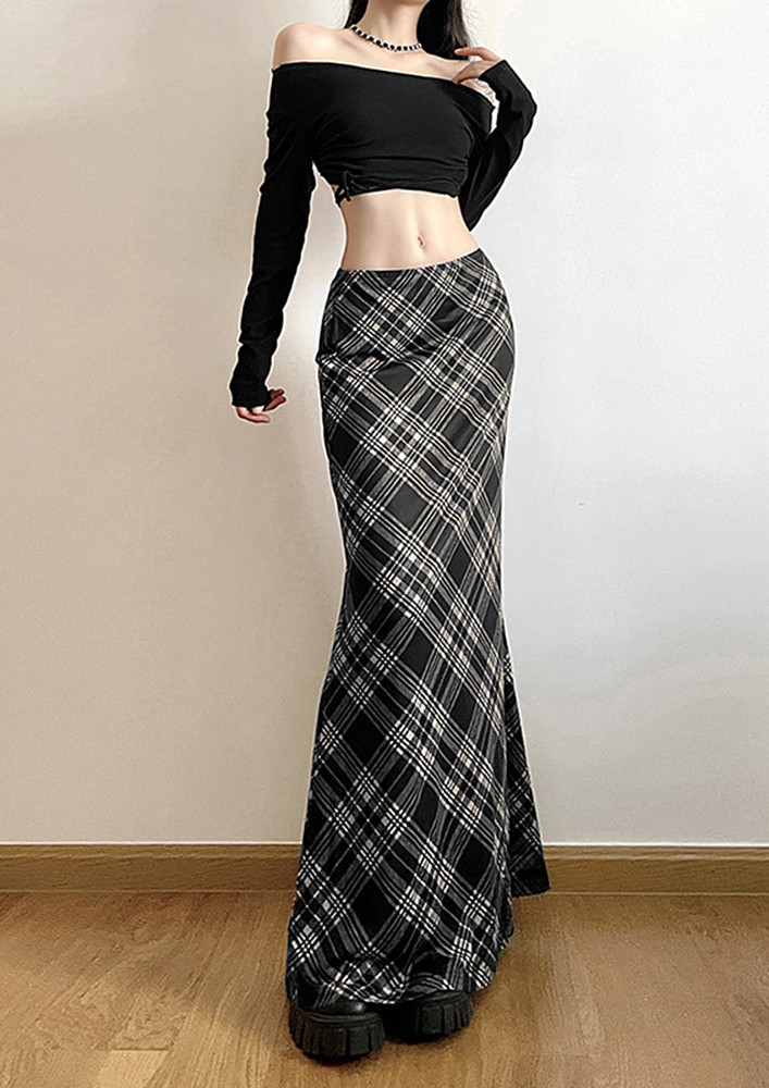 Black Plaid Pattern Low-waist Maxi Skirt