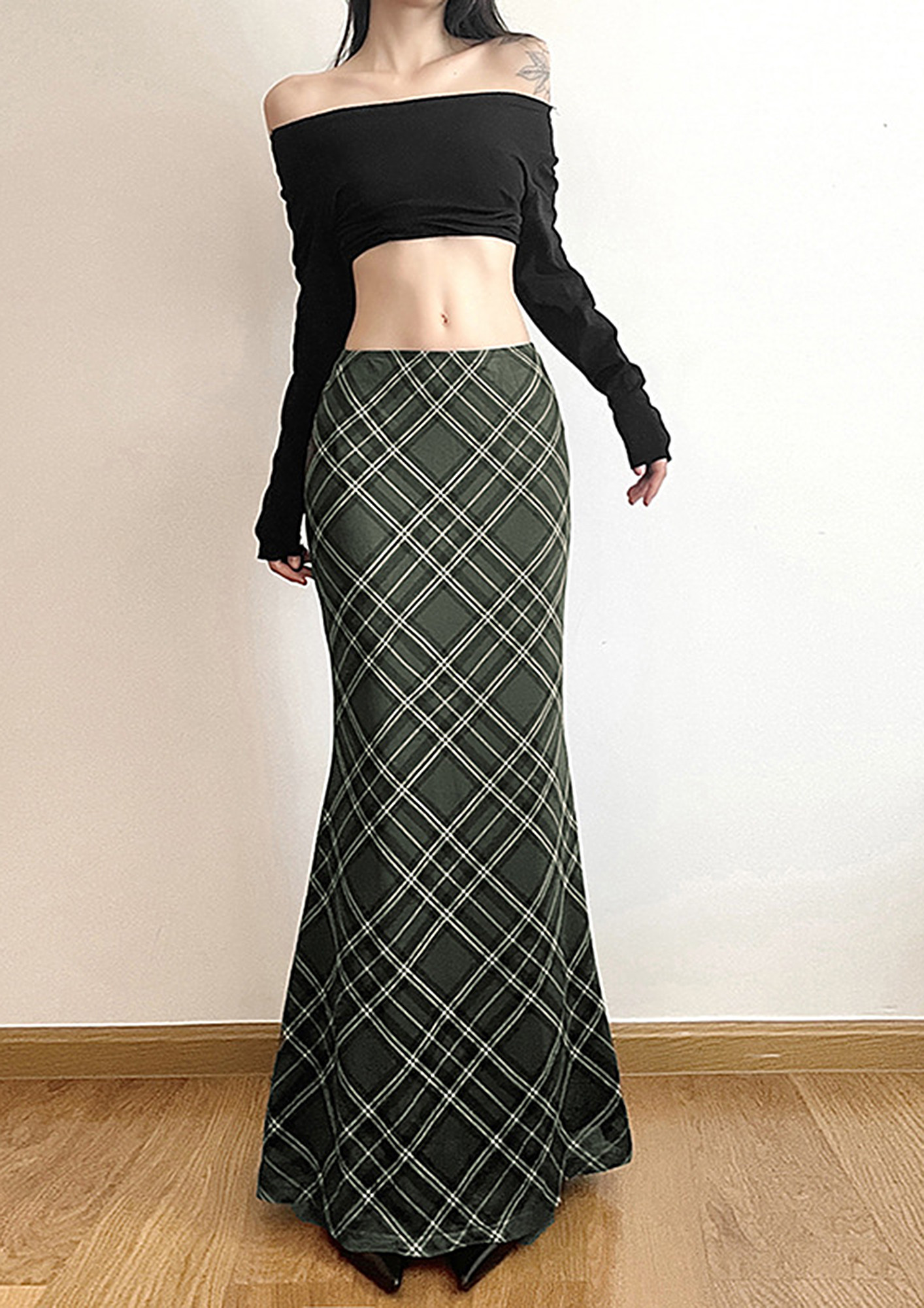 Green Plaid Pattern Low-waist Maxi Skirt