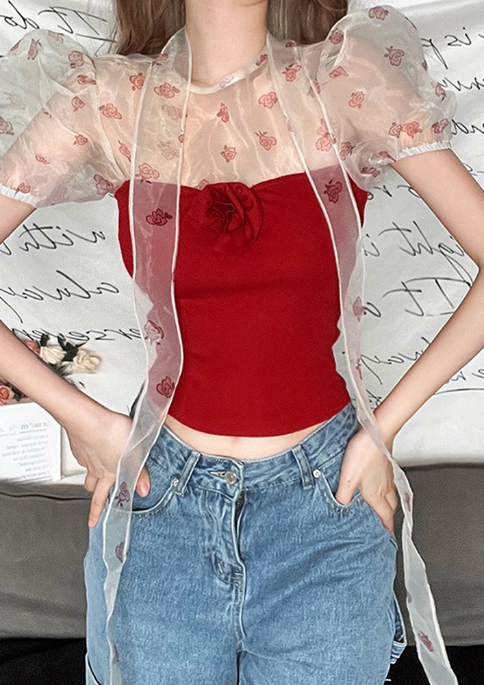 Red Floral Pattern Puff-sleeved Top