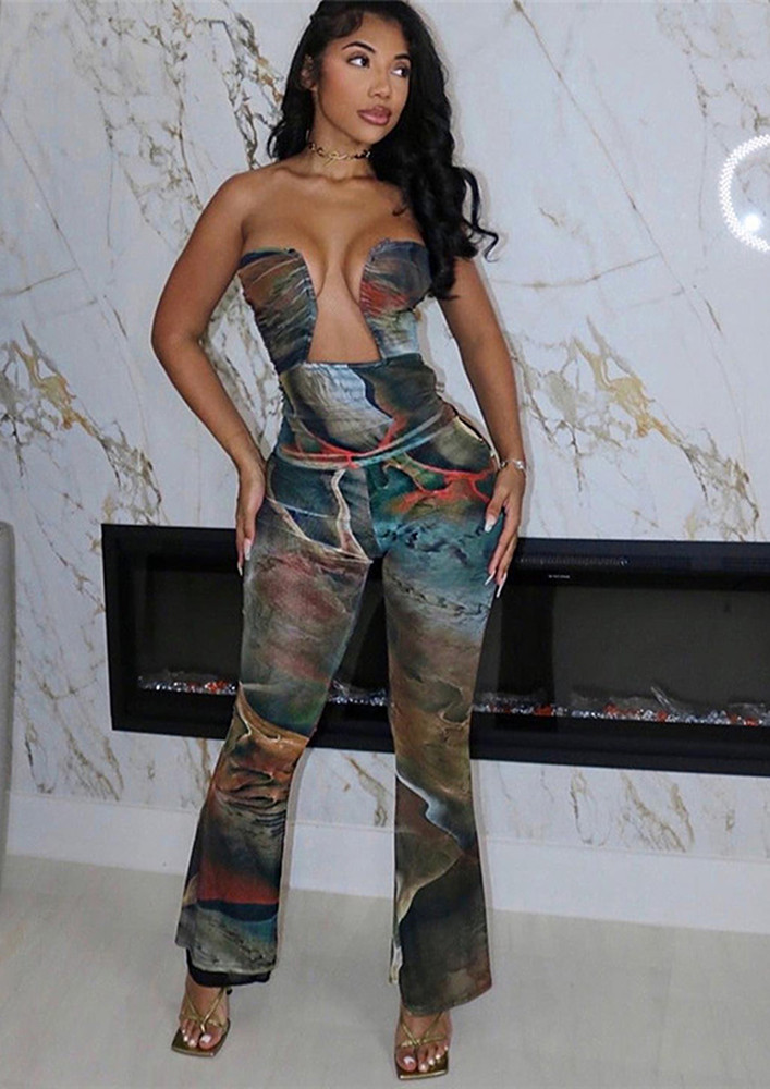 STRAPLESS PRINTED OPEN-BACK FLARE JUMPSUIT