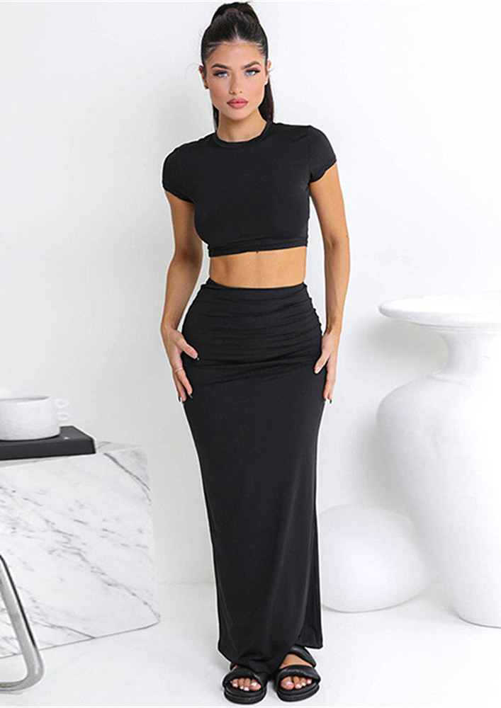 Seamless Black Fitted Top And Long Skirt Set