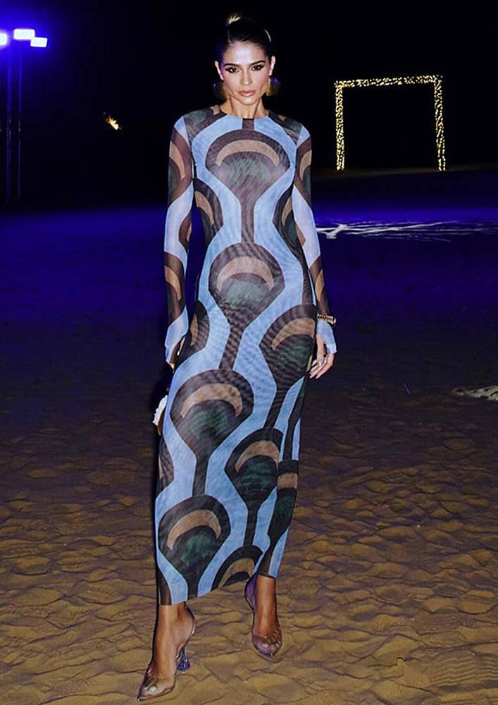 Blue Geometric Pattern Sheath Dress