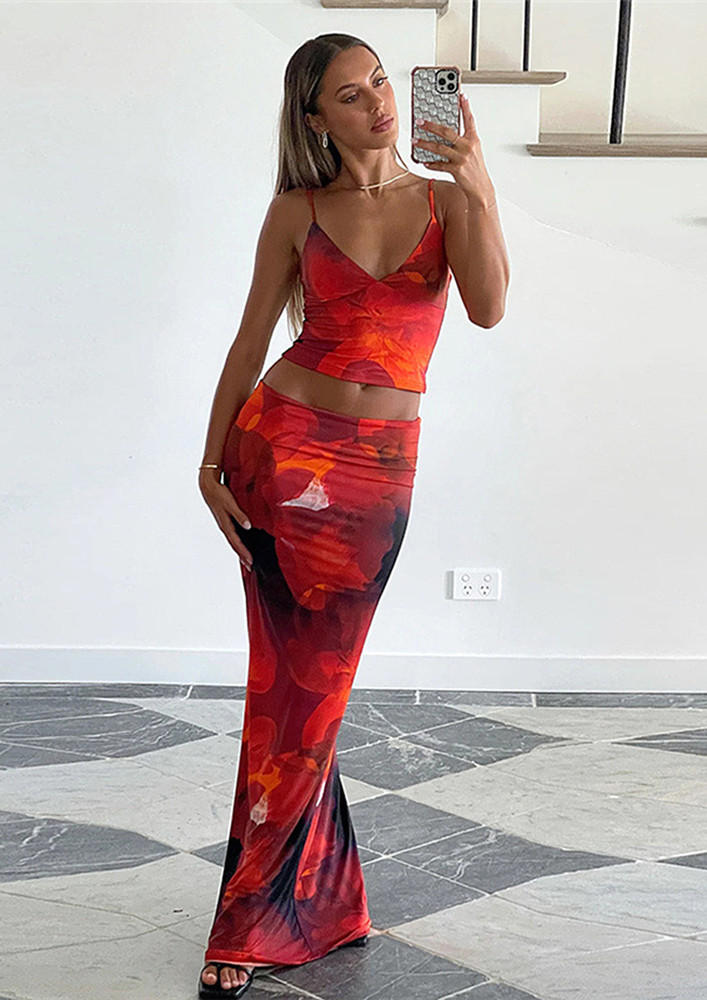 Red Abstract Pattern Cami & Long Skirt Set