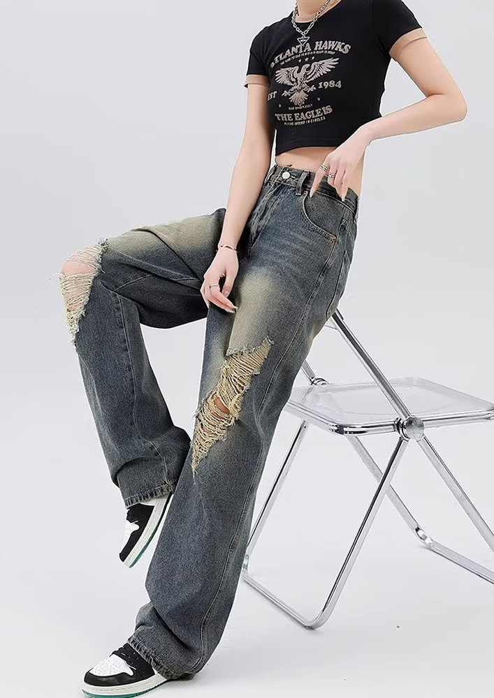 Blue Loose Fitted Distressed Straight Jeans