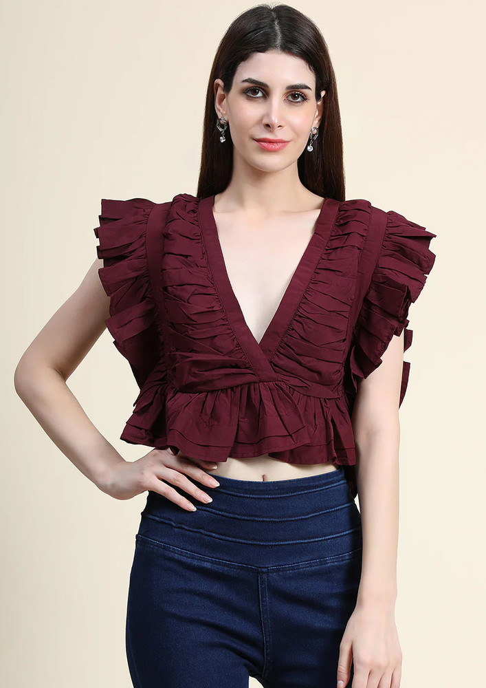Wine Color V Neck Ruffled Top