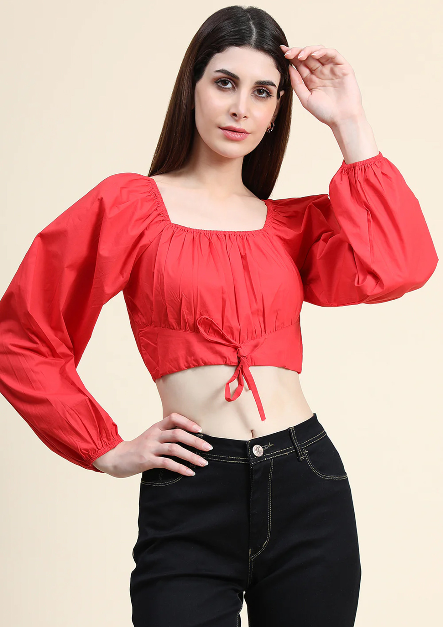 A Crimson Red Crop Top With Balloon Sleeves With Gathered At Bust
