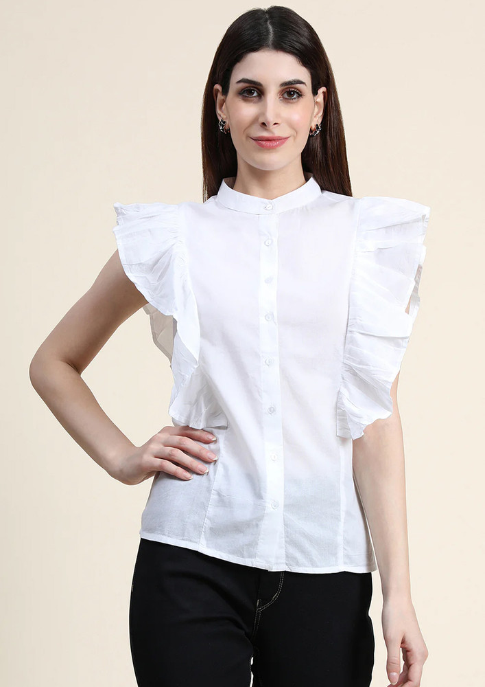 Stand Collor White Shirt With Ruffle Details On The Side