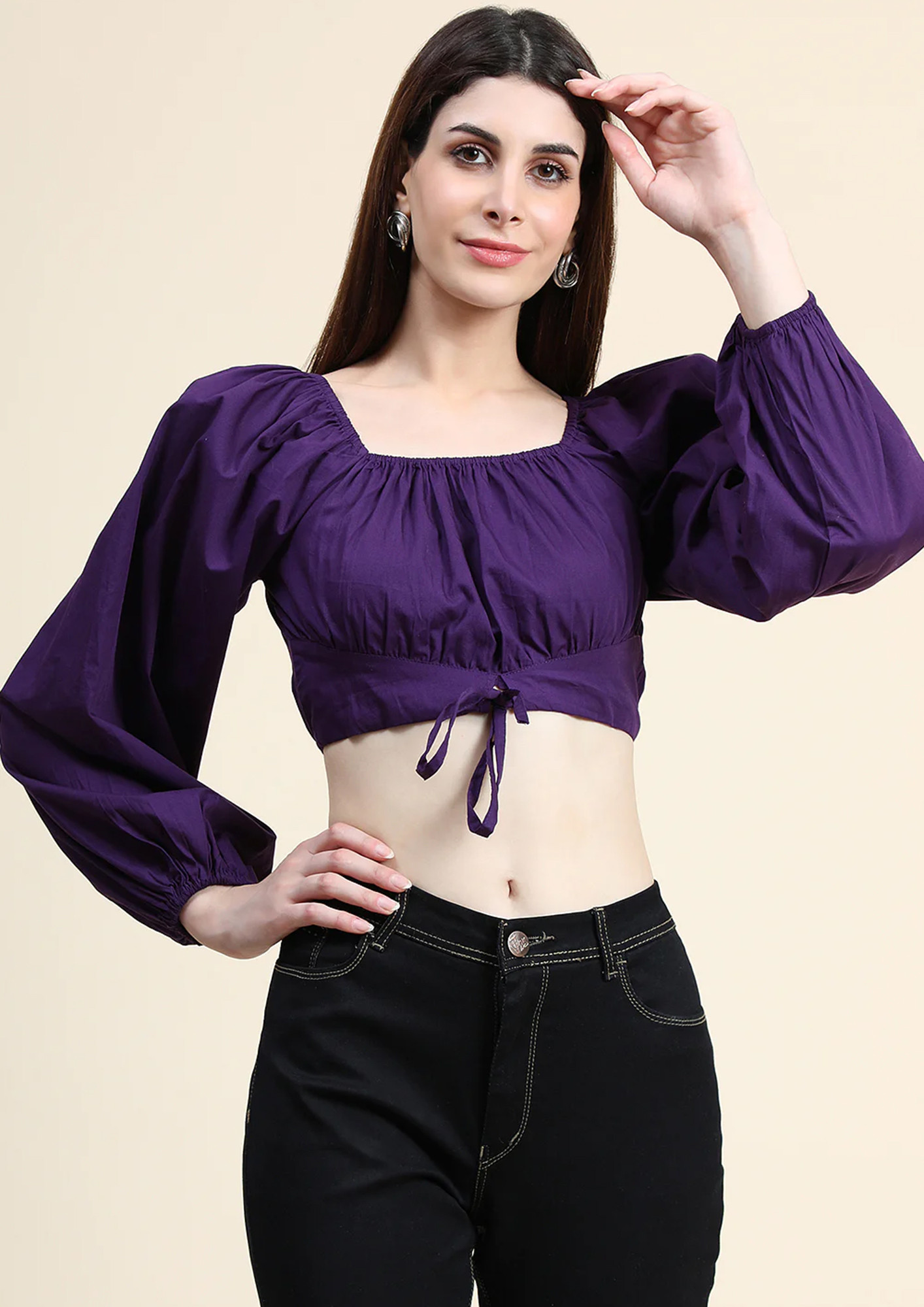 Buy Purple Crop Top With Balloon Sleeves And Gathered Bust for