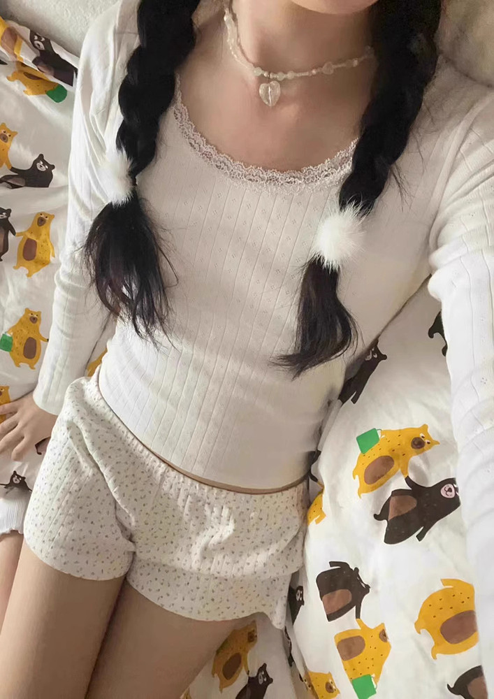 White Knitted Lace Trim Round Neck Top