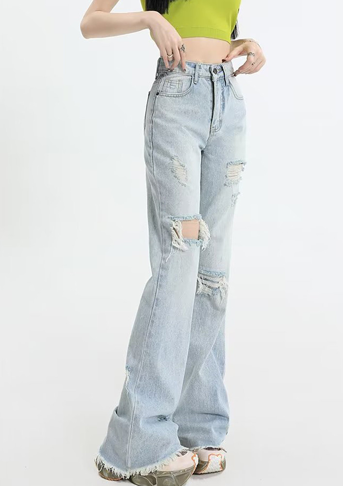 Light Blue Ripped High-waisted Washed Jeans