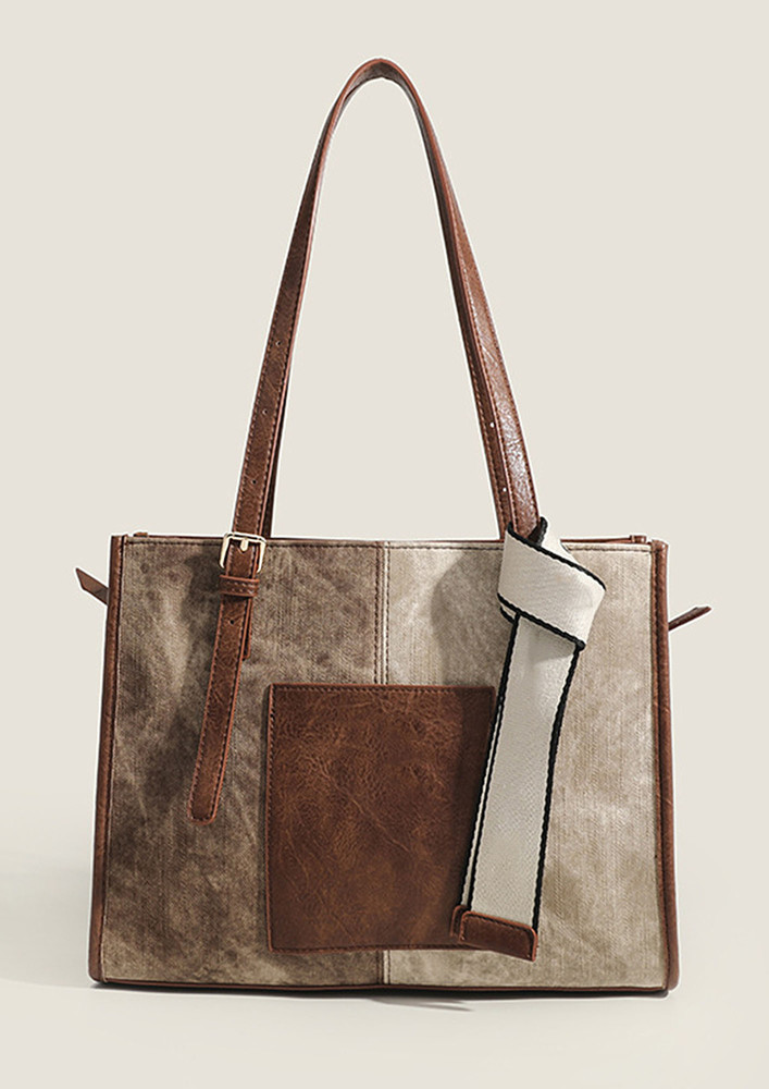 BROWN CONTRAST SQUARE SHAPE TOTE BAG
