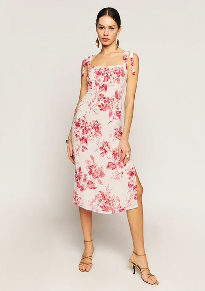Pink Floral Pattern Tie-up Shoulder Midi Dress