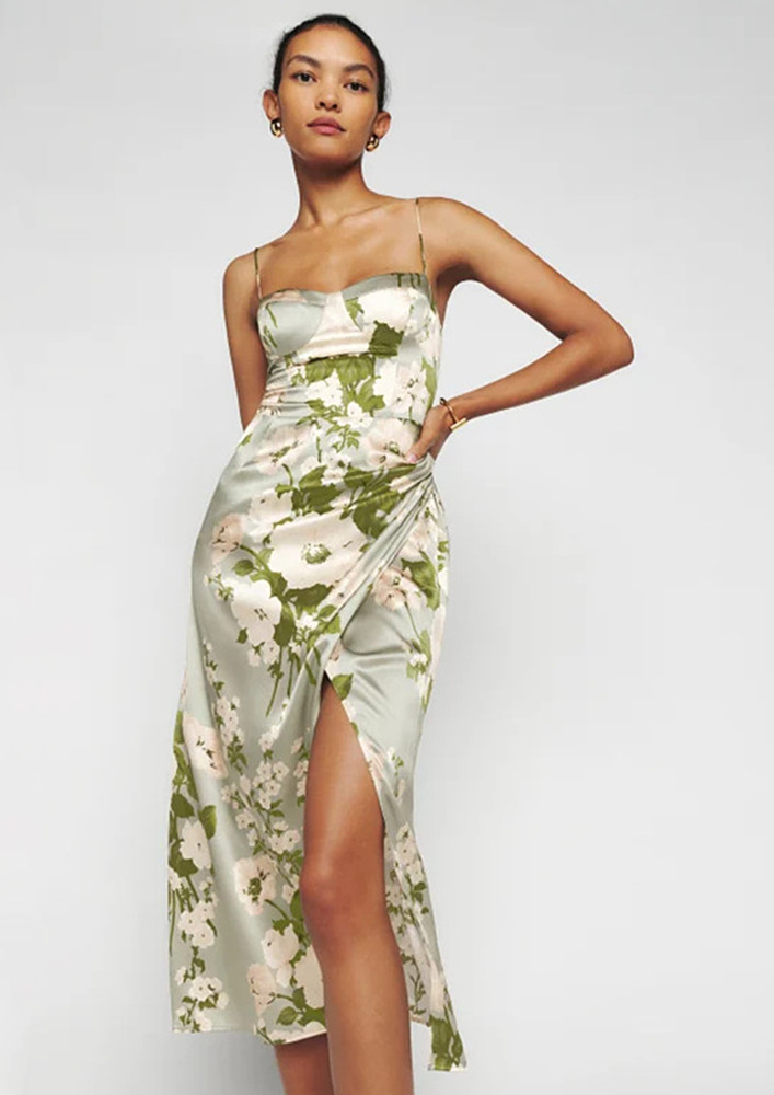 Green Floral Pattern Slit Midi Dress
