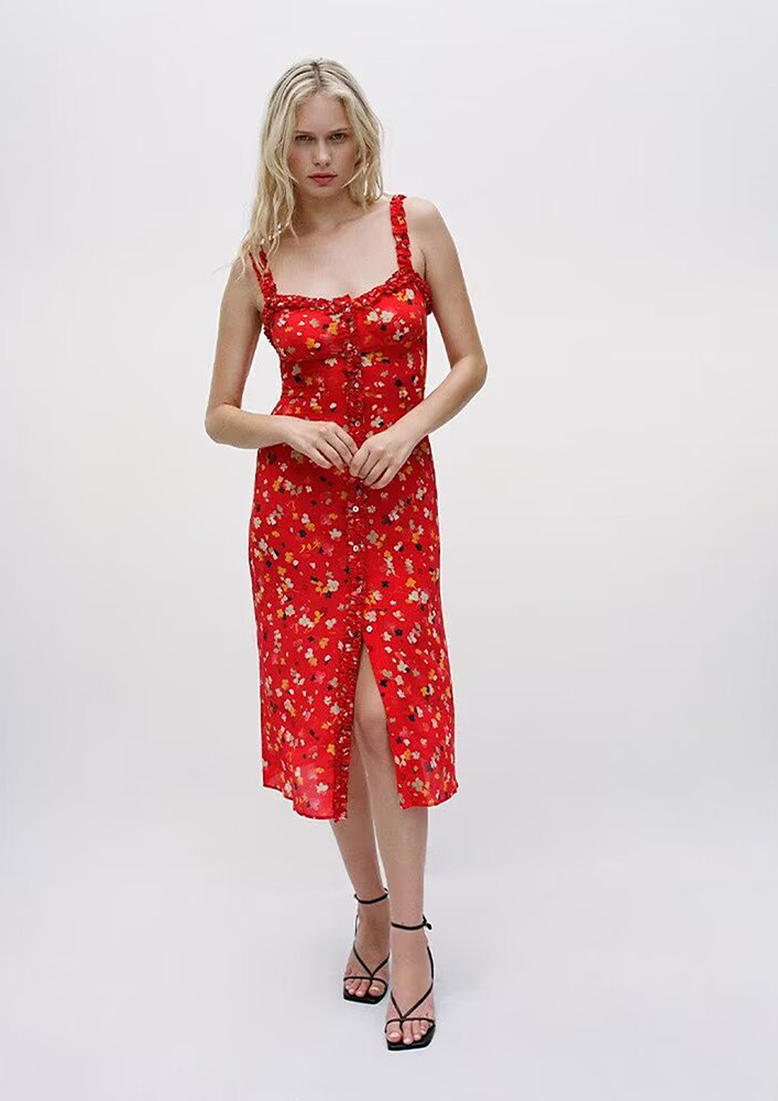 Red Floral Pattern Mid-length Dress