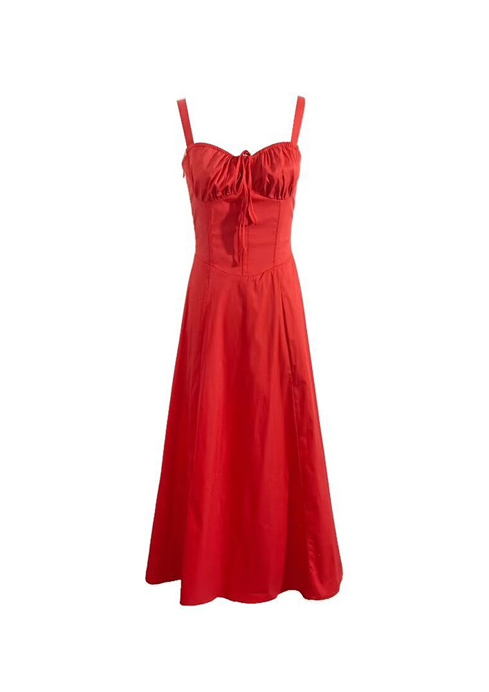 Red Lace-up Back Panelled Dress
