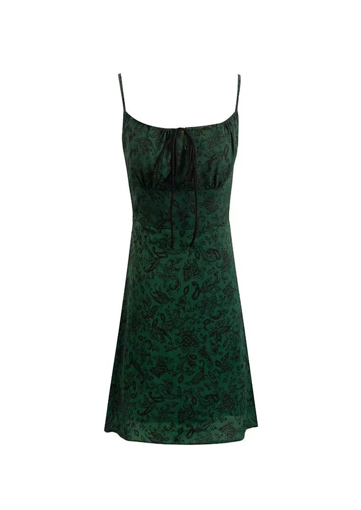 Printed Green Spaghetti Strap Short Dress