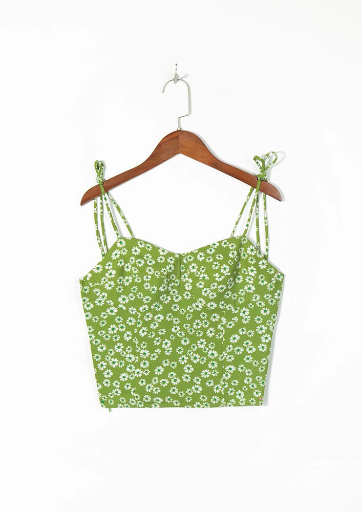 Green Floral Print Tie-up Shoulder Top
