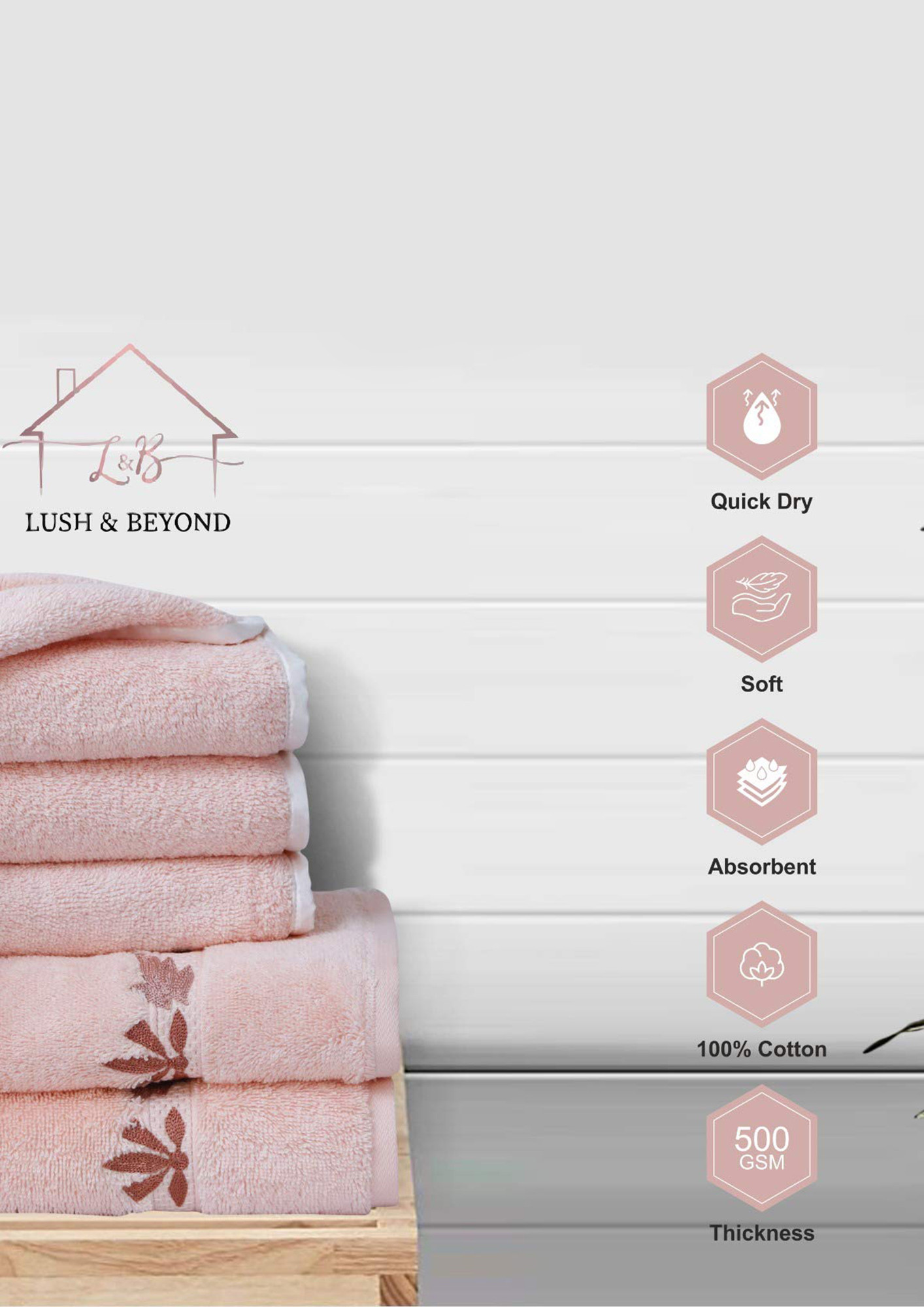 LUSH & BEYOND 100% Cotton Bath Towel Set for Men & Women, 500 GSM