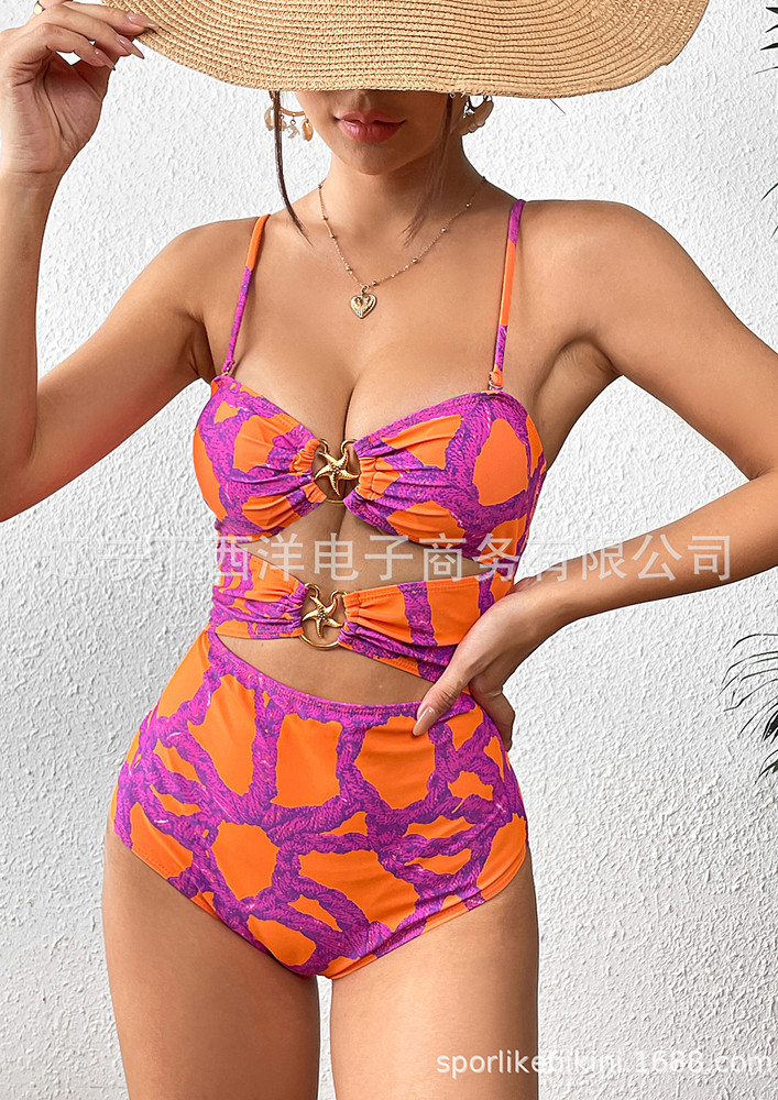 Orange Motif Print Cut-out Swimsuit